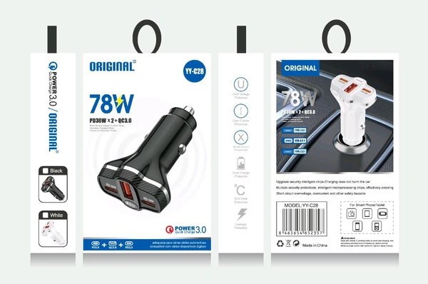 New Orginal C-28 Double PD & USB (78Wts Pd & 3.0 Qualcomm) Car Power Adapter 