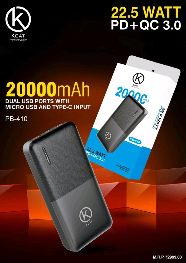 Koat PB-410 22.5 Watt 20000mah PD+Qc Dual Usb Port Power Bank With 1 Year Warranty 