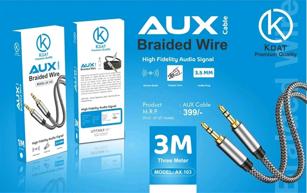 Koat Ax-103 Braided Wire Aux Cable ( 3 Mtr ) 