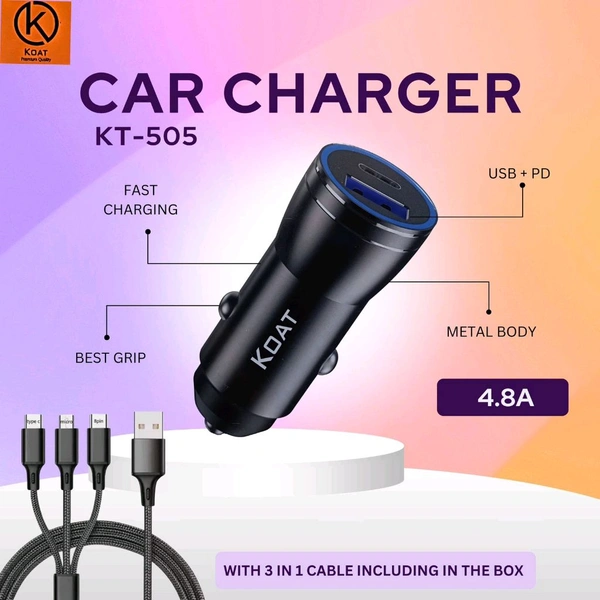 Koat 3in1 PD+usb 4.8a Car Charger Pure Metal Body Car Charger 