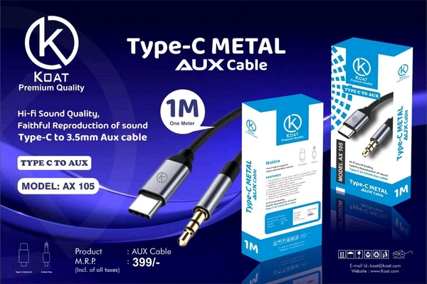 Koat Ax - 105 Type-c To 3.5mm Aux Cable Hi-fi Sound Quality 