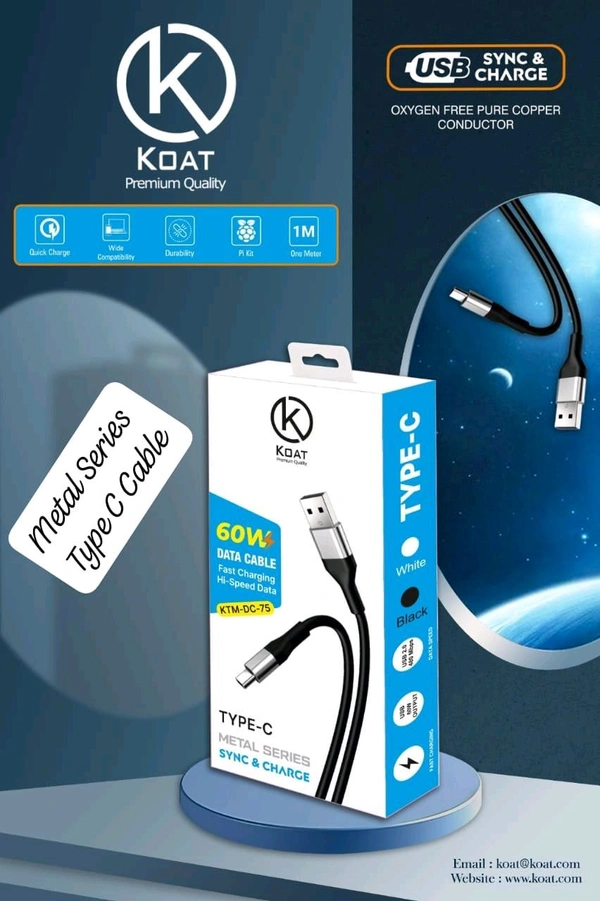 Koat Ktm-Dc-75 60w  Data Cable Usb To Type-c Metal Series Sync & Charge 