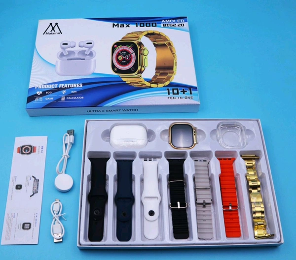 New Max-1000 Amoled Big 2.20 Infinity Display 10in1(Earbuds, Silicon Cover, Wireless Charger) Smart Watch 