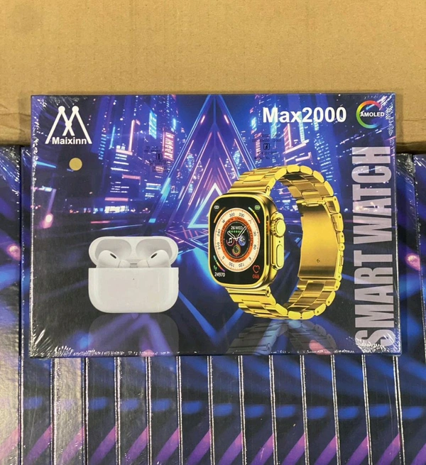 New Max-2000 Amoled Big 2.20 Infinity Display 10in1(Earbuds, Silicon Cover, Wireless Charger) Smart Watch 