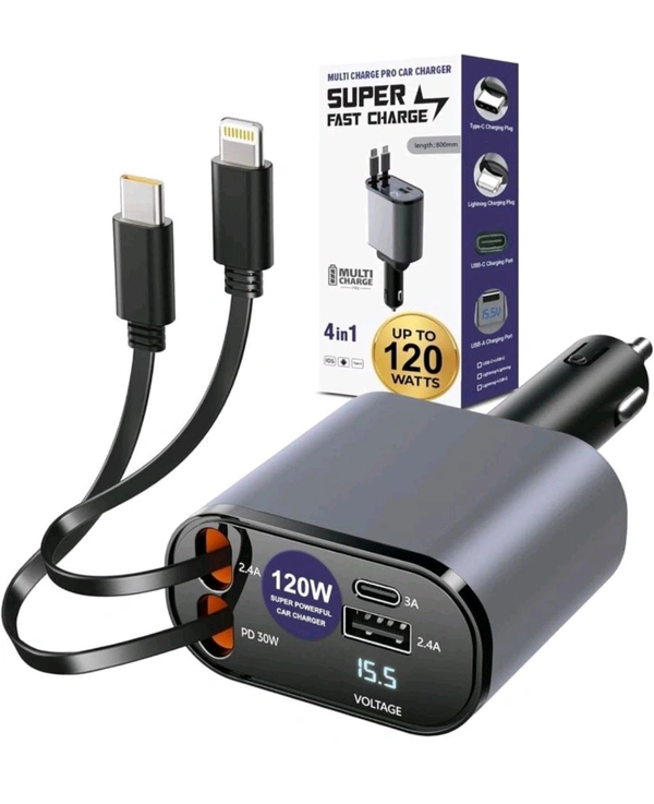 New 4-in-1 Super Fast Car Charger | 120W Power | Type-C, Lightning & USB Ports | Multi-Device Quick Charge