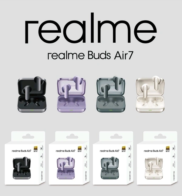 Realme Buds Air7 – True Wireless Earbuds Long Battery Backup & Fast Charging (Black, Purple, Green, White)"
