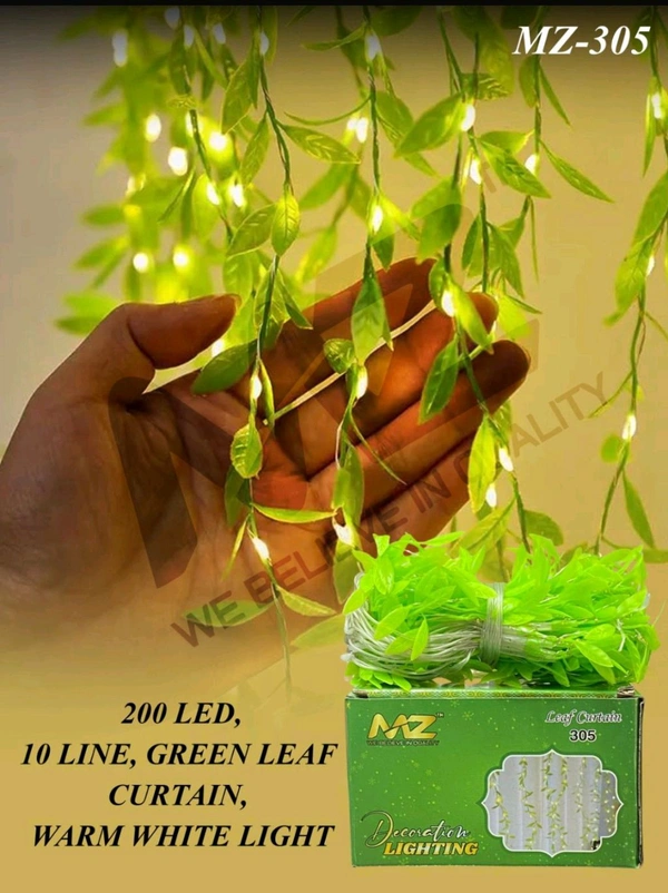 Mz M-305 Leaf 🌿🌿 Curtain Decoration Lights (200 Led , 10Line , Green Leaf , Warm White Light)