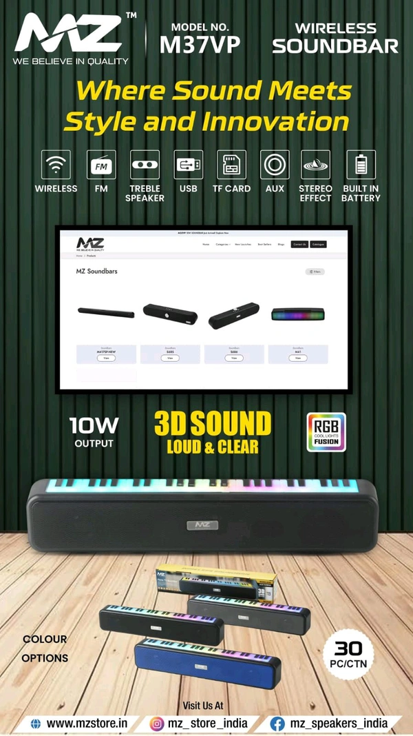 Mz M-37 Vp Home Tv Sound Bar Speaker 🔊 10Wts Output , RGB Cool Light Fusion)