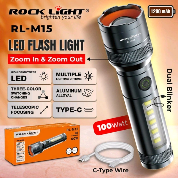 Rock Light RL-M-15 Led Flash Light (1200Mah , 100Wts , Zooming , Blinking , High Brightness 🔅 , Type C) 