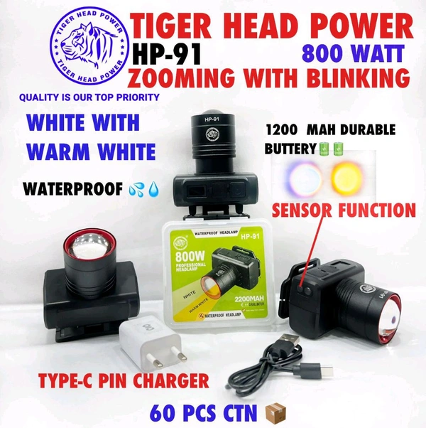 Tiger Head Hp-91 Waterproof Headlamp (800Wts Zooming , Blinking , 1200Mah Durable Battery 🔋)