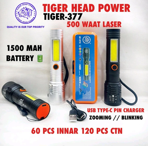 Tiger Head Hp-377-C (1500Mah Battery , 500Wts Laser , Type C Port , Blinking & Zooming) Torch 