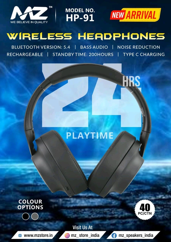 MZ New Wireless Headphones (Hp-91) Bluetooth Version 5.4 , Bass Audio, Rechargeable, Type C Charging)