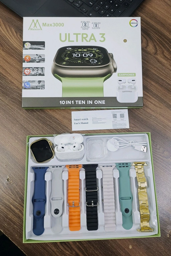 New Max-3000 Amoled Display 10in1 Smart Watch ⌚ (Golden Starp ! Earbuds ! Silicon Cover ! 7 Strap Different-2 Colour ! Wireless Charger)