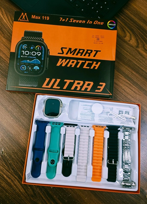 New Max-119 Seven In One Smart Watch ⌚ (7 Strap Different-2 Colour Options , Wireless Charger)