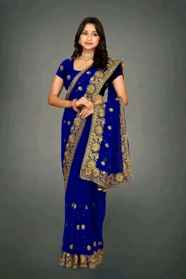 Exquisite Heavy Embroidery & Stone Handwork Saree with Blouse  - Blue