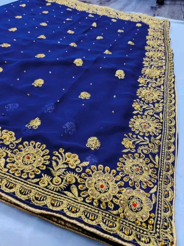 Exquisite Heavy Embroidery & Stone Handwork Saree with Blouse  - Blue