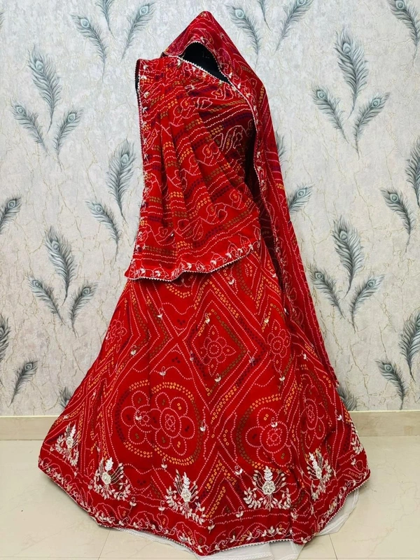 Pooja Creation Luxury Hand-Ketdana Gotta Patti Chunri Langha Set - Red