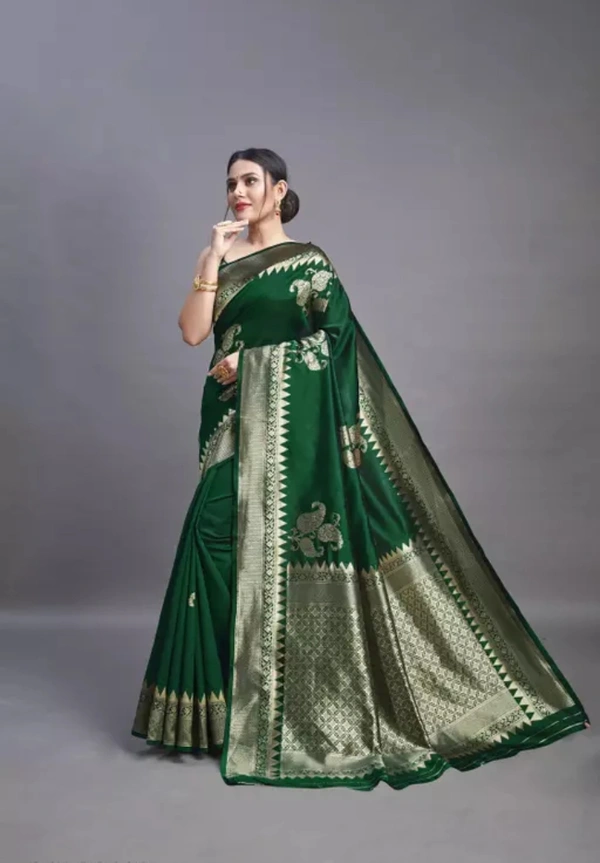 Neha Collection Women's Banarasi Silk Jacquard Saree With Blouse - Green, Free Size
