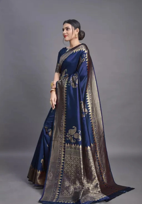 Neha Collection Women's Banarasi Silk Jacquard Saree With Blouse - Blue, Free Size