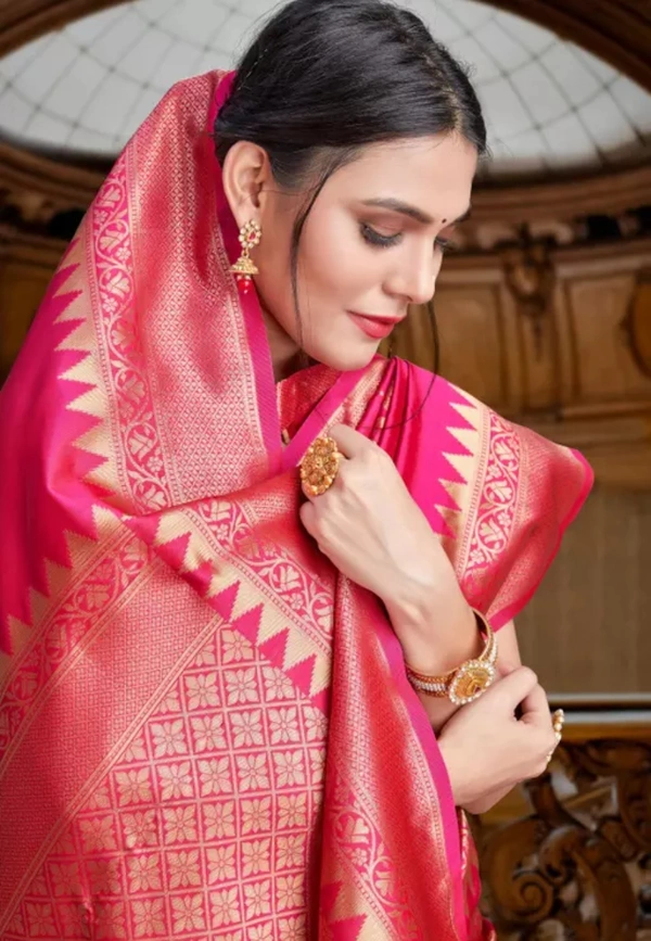 Neha Collection Women's Banarasi Silk Jacquard Saree With Blouse - Pink, Free Size