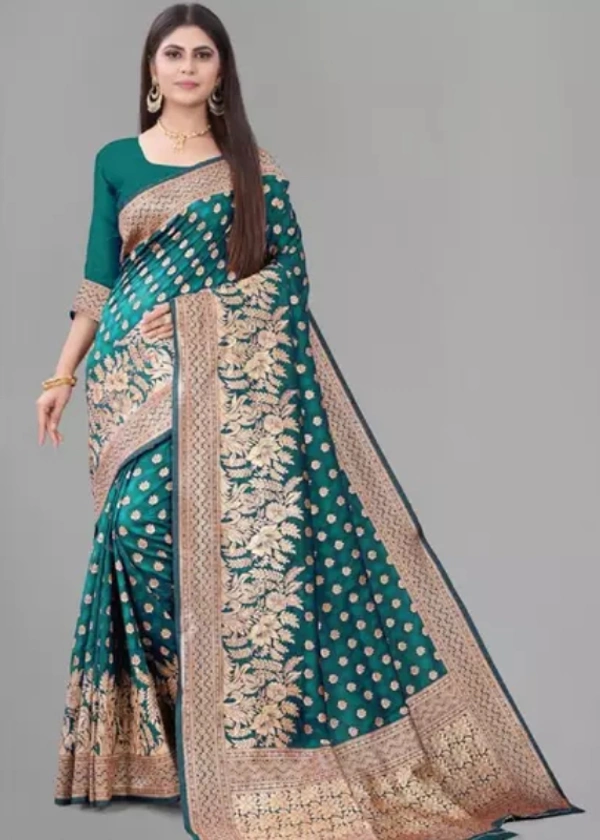 Neha Collection Women's Banarasi Silk Saree - Viridian, Free Size