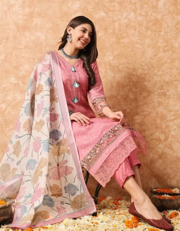 Neha Collection Women's Linen Cotton Kurta,Pant, And Dupatta Sets - Peach, M