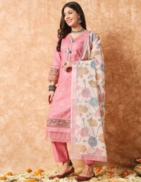 Neha Collection Women's Linen Cotton Kurta,Pant, And Dupatta Sets - Peach, M