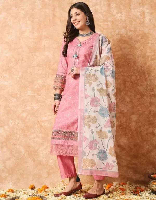 Neha Collection Women's Linen Cotton Kurta,Pant, And Dupatta Sets - Peach, M