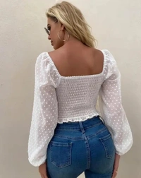 Neha Collection Women's Swiss Dots Long Sleeve Crop Top - White, S