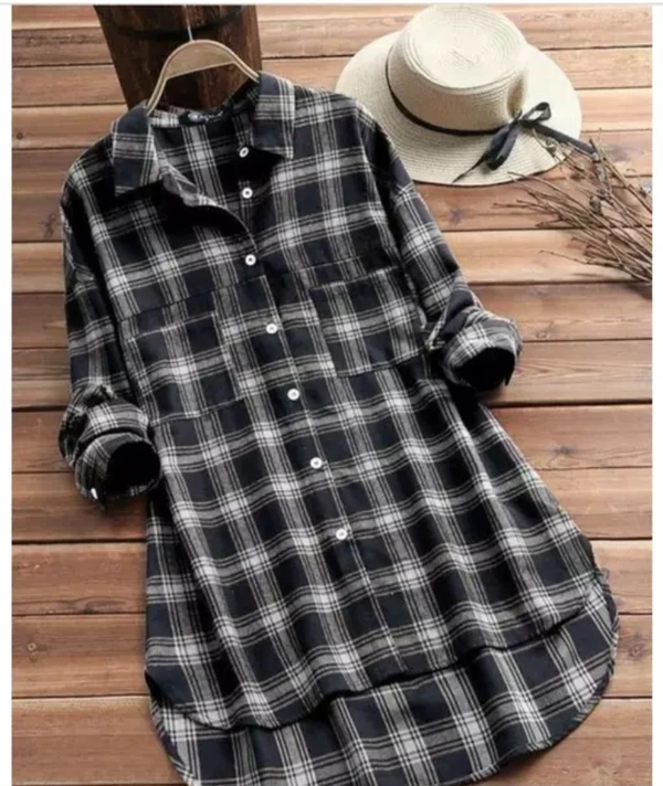 Neha Collection Women Trendy Check Long Shirt - Black, XS