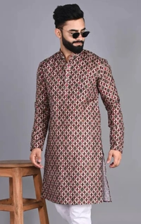 Neha Collection Men's Printed Mandarin Maroon Kurta - Light Maroon, XL