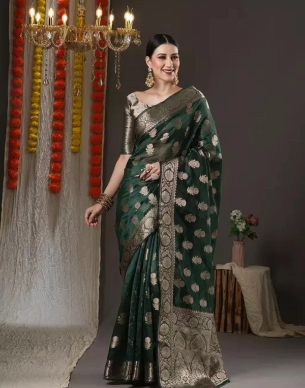 Neha Collection Women Fancy Banarasi Silk Saree - Lunar Green, Free Size