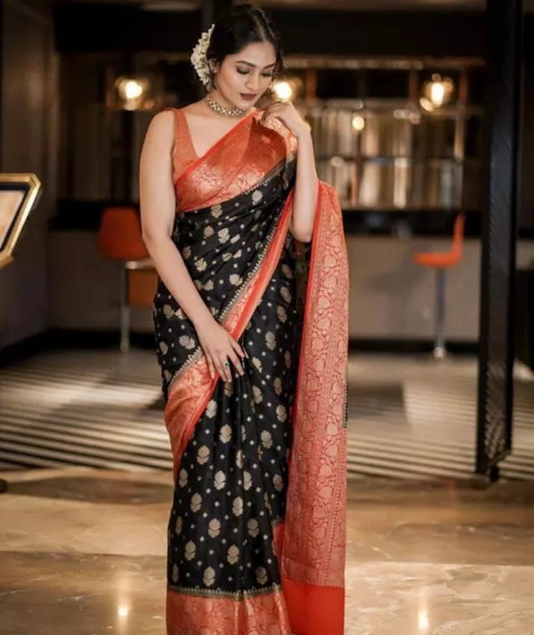Neha Collection Women Pure Silk Banarasi Saree With Unstitched Blouse - Black, Free Size
