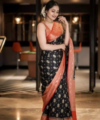 Neha Collection Women Pure Silk Banarasi Saree With Unstitched Blouse - Black, Free Size