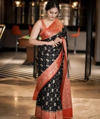 Neha Collection Women Pure Silk Banarasi Saree With Unstitched Blouse - Black, Free Size