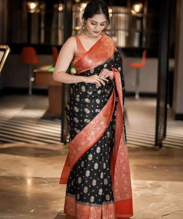 Neha Collection Women Pure Silk Banarasi Saree With Unstitched Blouse - Black, Free Size