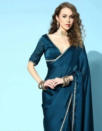 Neha Collection Women Plain Satin Silk Saree - Chathams Blue, Free Size