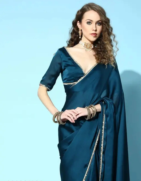Neha Collection Women Plain Satin Silk Saree - Chathams Blue, Free Size
