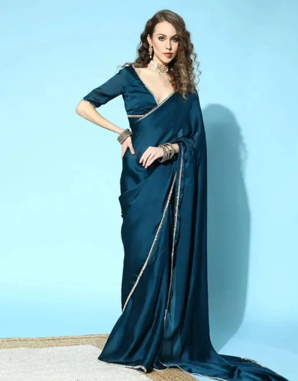 Neha Collection Women Plain Satin Silk Saree - Chathams Blue, Free Size