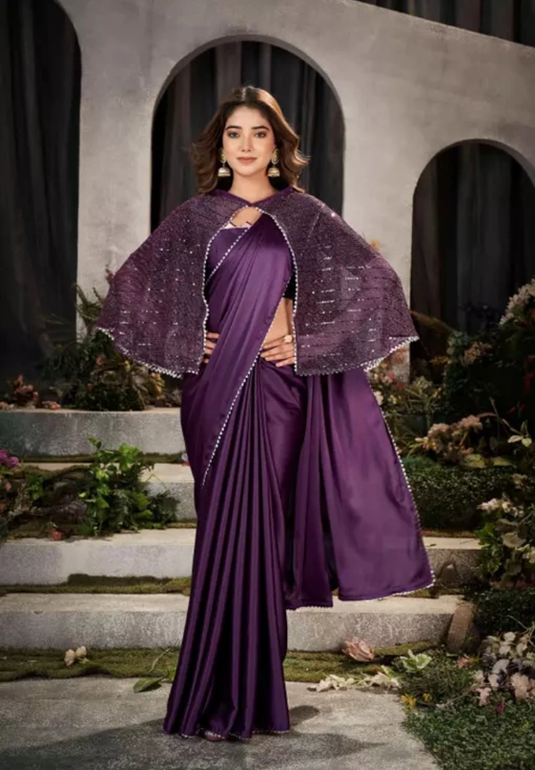 Neha Collection Women Designer Satin Saree With Koti, Blouse Piece - Purple, Free Size