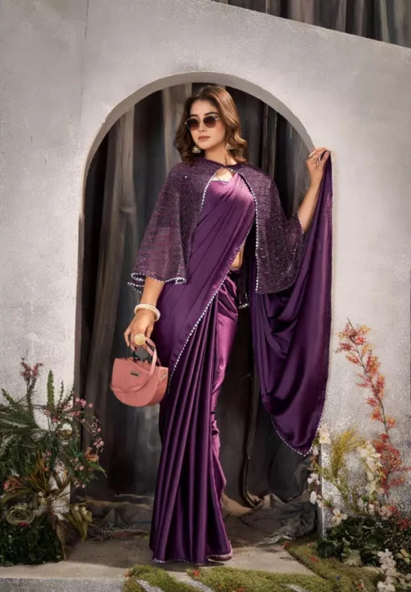 Neha Collection Women Designer Satin Saree With Koti, Blouse Piece - Purple, Free Size