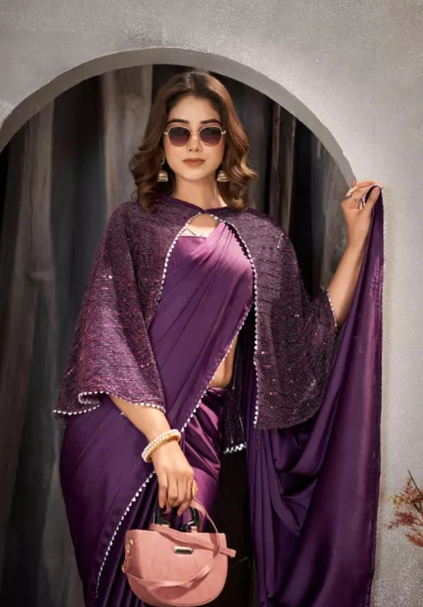 Neha Collection Women Designer Satin Saree With Koti, Blouse Piece - Purple, Free Size