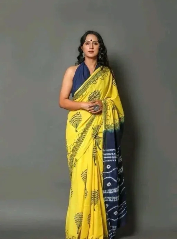 Neha Collection Women Latest Printed Cotton Saree With Running Blouse - Free Size, Yellow