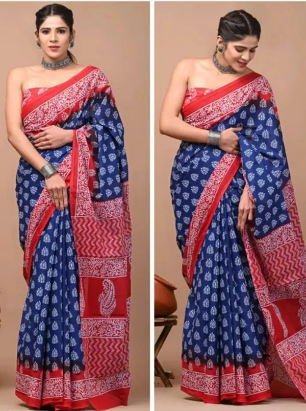 Neha Collection Women Pure Cotton Saree - Royal Blue, Free Size