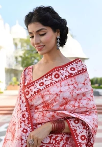 Neha Collection Women Pure Cotton Saree - Red, Free Size