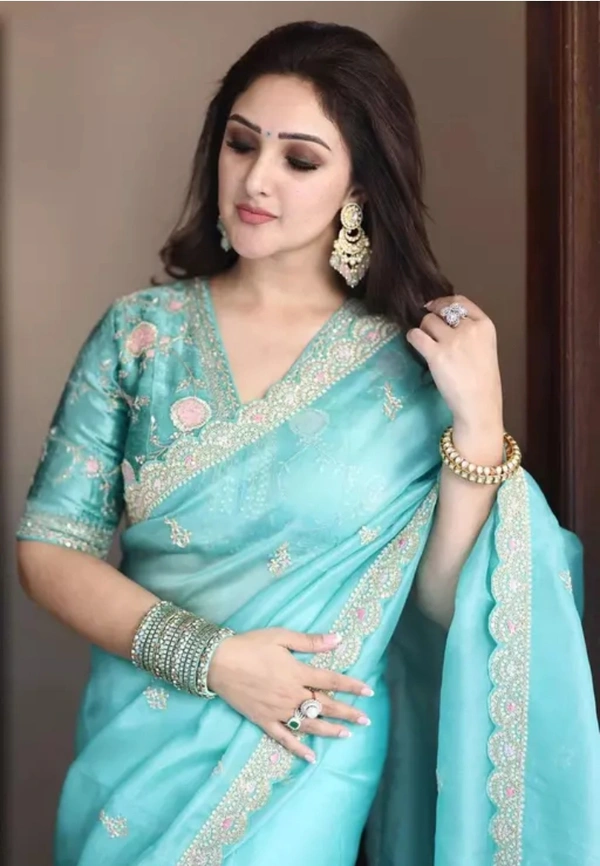 Neha Collection Women Organza Saree & Mono Banglori Cotton Blouse - Free Sizes, Half Baked