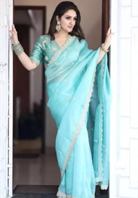 Neha Collection Women Organza Saree & Mono Banglori Cotton Blouse - Free Sizes, Half Baked