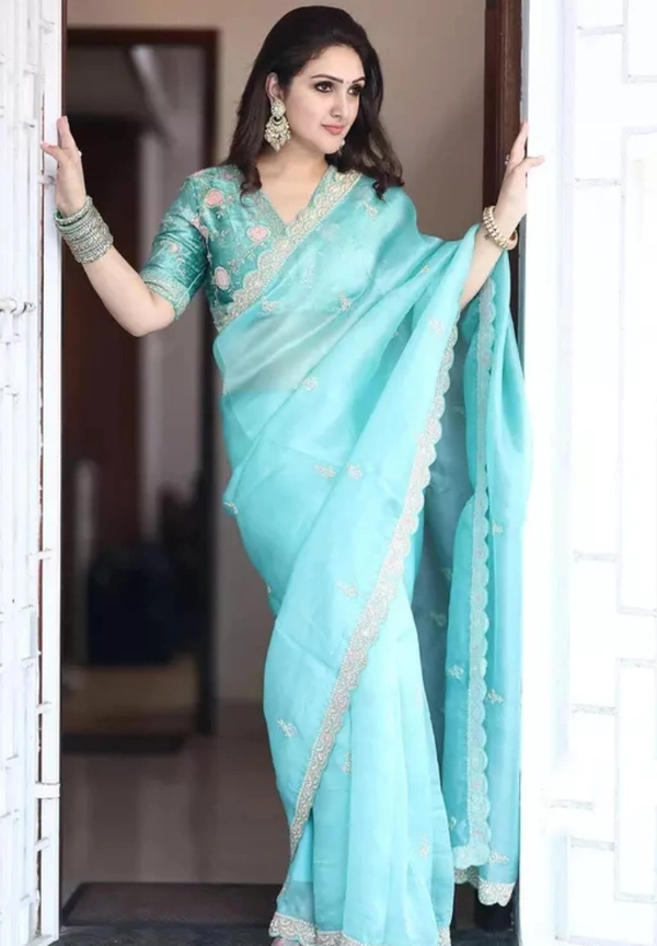 Neha Collection Women Organza Saree & Mono Banglori Cotton Blouse - Free Sizes, Half Baked