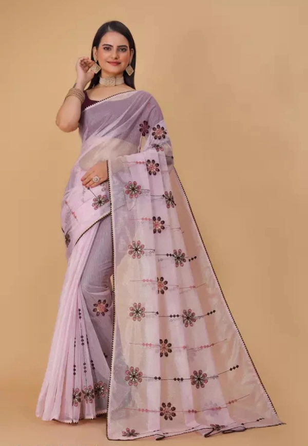 Neha Collection Women Fancy Organza Embroidery Work Saree With Blouse - Free Sizes, Light Purple