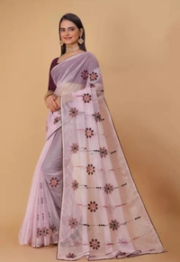 Neha Collection Women Fancy Organza Embroidery Work Saree With Blouse - Free Sizes, Light Purple